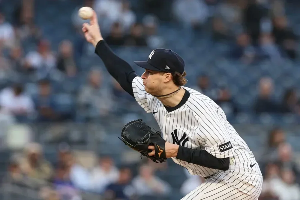 May 4, 2026; Bronx, New York, USA; New York Yankees pitcher Cam Schlittler (31) delivers a pitch during the first inning against the Baltimore Orioles at Yankee Stadium. Mandatory Credit: Vincent Carchietta-Imagn Images