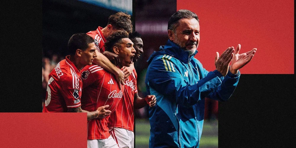 A designed image showing Nottingham Forest's players celebrating and Vitor Pereira applauding